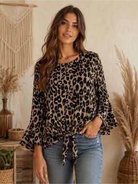She + Sky Leopard Print Tie-Front Bell Sleeve Blouse